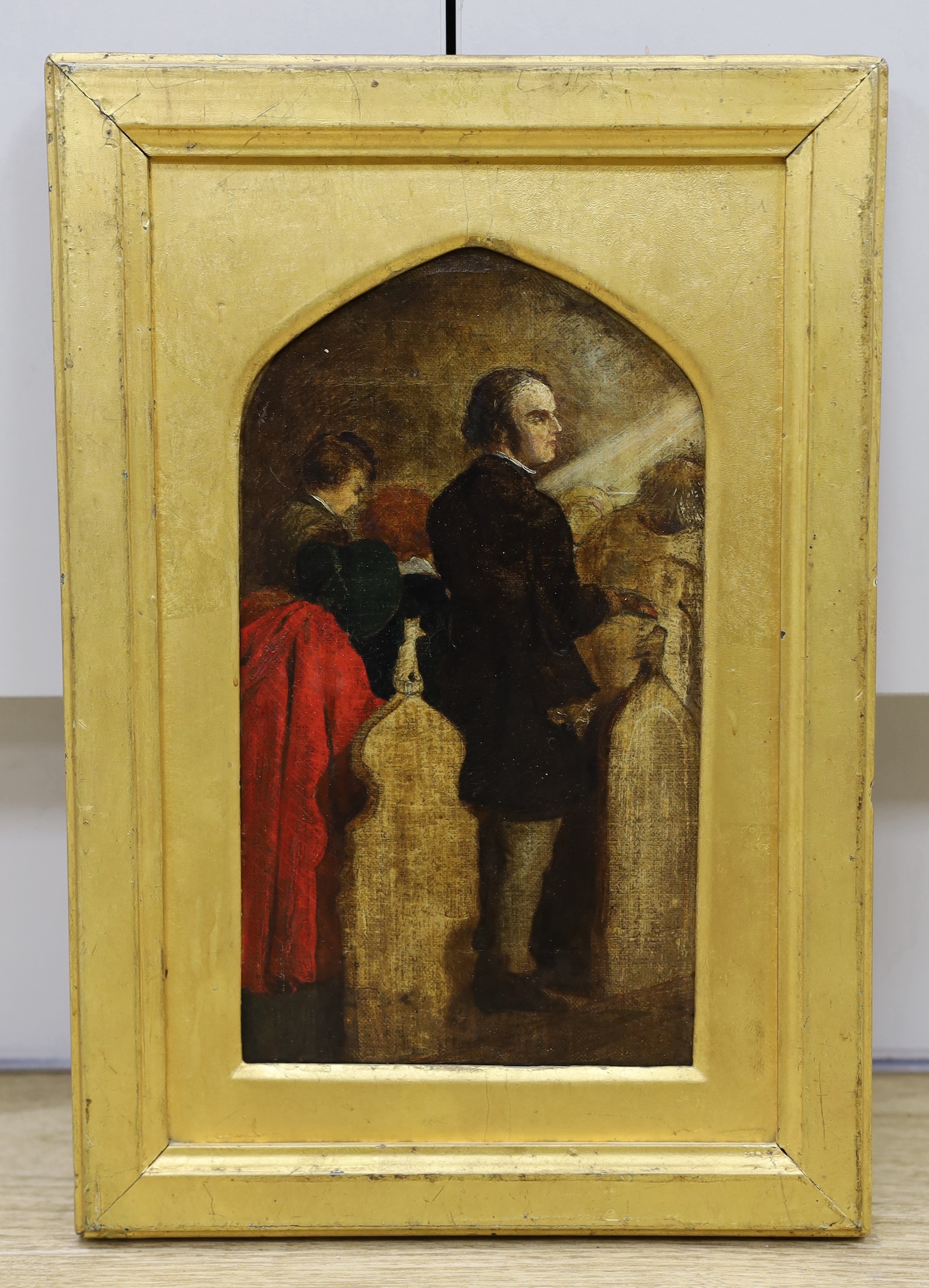 Follower of John Everett Millais (1829-1896) oil on canvas, Figures at church pews, 24 x 14cm, Gothic style arched gilt frame